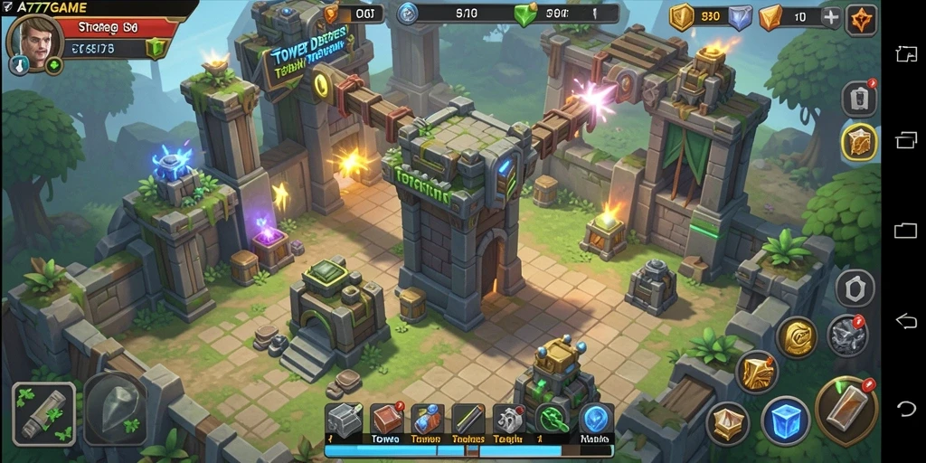 Tampilan menara dan gelombang musuh dalam gameplay Tower Defense.