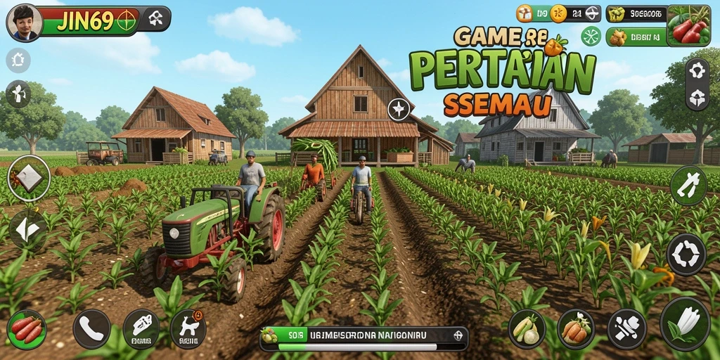 Tampilan gameplay JIN69 saat bertani dan panen.