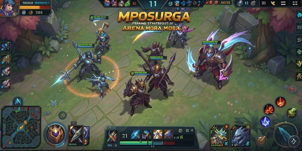 Screenshot gameplay MPOSURGA menampilkan pertempuran seru antara tim di arena.