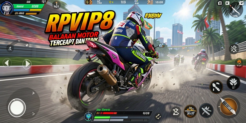Screenshot utama RPVIP8 menampilkan balapan motor yang intens dan penuh aksi.